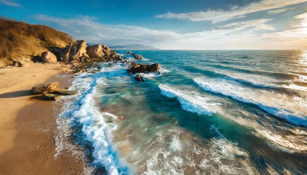 Vista aérea del paisaje marítimo Agua azul del océano con olas en un día soleado hermosa playa de arena