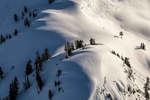 Vista aérea del paisaje de la montaña cubierta de nieve Fondo de naturaleza canadiense