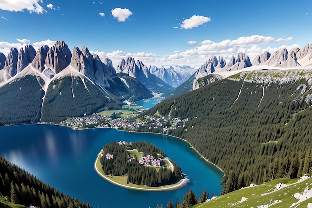 Vista aérea del paisaje de montaña del lago Antorno Dolomitas