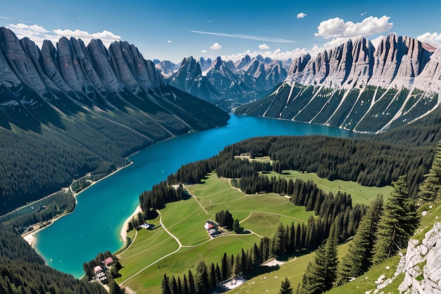 Vista aérea del paisaje de montaña del lago Antorno Dolomitas