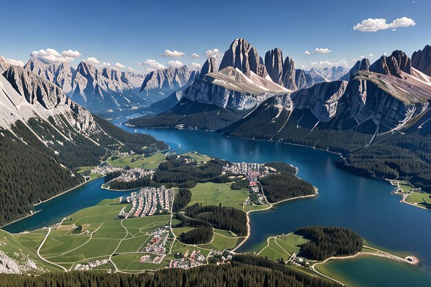 Vista aérea del paisaje de montaña del lago Antorno Dolomitas