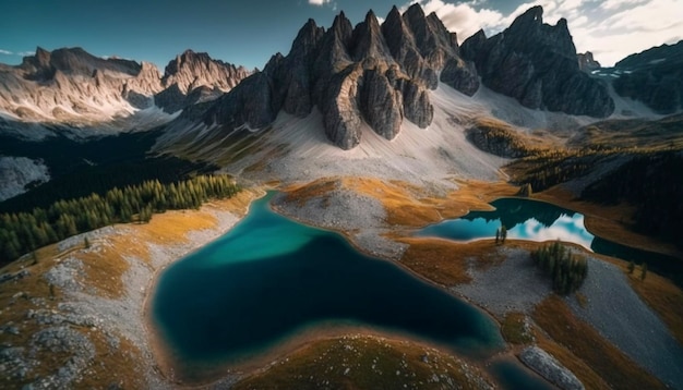 Vista aérea del paisaje montañoso del lago Antorno Dolomitas con el pico de los Alpes Italia Ai generativo