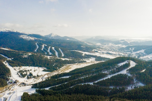 Vista aérea del paisaje de pistas de esquí y snowboard a través de pinos que bajan al complejo invernal en los Cárpatos