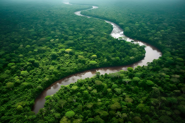 Vista aérea del paisaje de la selva amazónica con la curva del río IA generativa