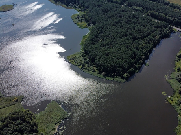Vista aérea del paisaje de verano con río y bosque verde