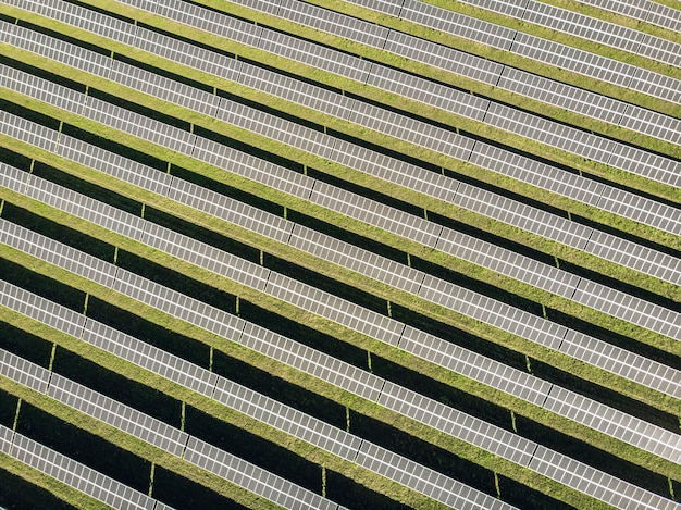 Vista aérea de paneles solares en campo de césped verde. tiro de dron, ojo de pájaro