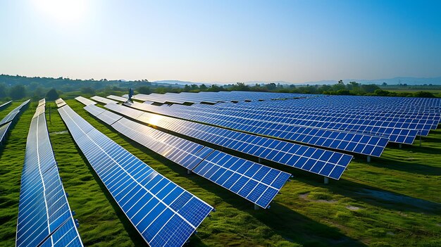 vista aérea de paneles solares en una granja de energía de día soleado que produce energía limpia