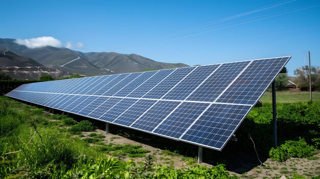 Vista aérea de paneles solares en una granja de energía solar que produce energía limpia