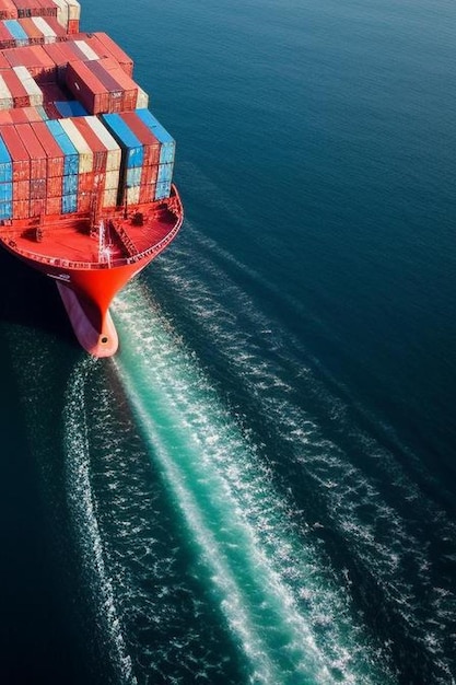 Foto vista aérea panorámica de un buque de contenedores de carga industrial que viaja sobre un mar abierto tranquilo con copia