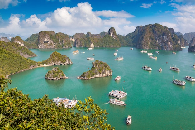 Vista aérea panorâmica da Baía de Halong, Vietnã em um dia de verão