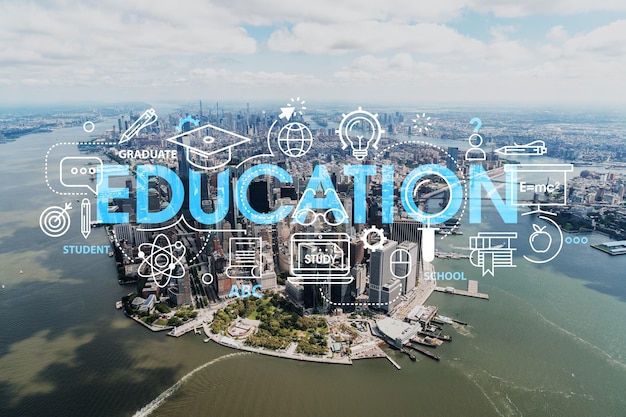 Vista aérea panorâmica da cidade do helicóptero no distrito de Lower Manhattan e no centro financeiro de Nova York EUA Tecnologias e conceito de educação Pesquisa acadêmica holograma universitário de primeira linha