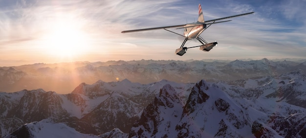 Vista aérea panorâmica da paisagem canadense das montanhas rochosas com hidroavião voando