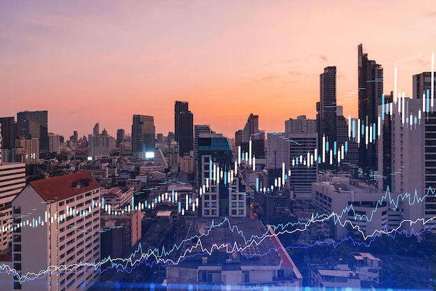 Vista aérea panorâmica do holograma gráfico FOREX brilhante de Bangkok ao pôr do sol Negociação de ações e títulos no Sudeste Asiático O conceito de gestão de fundos Dupla exposição