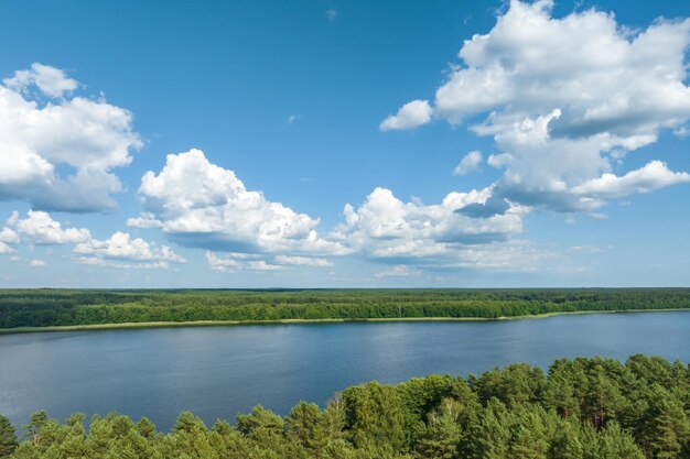 vista aérea panorámica sobre el lago entre el bosque