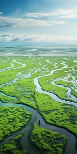 Vista aérea de un pantano de hierba Fotografía de campo de la laguna cautivadora