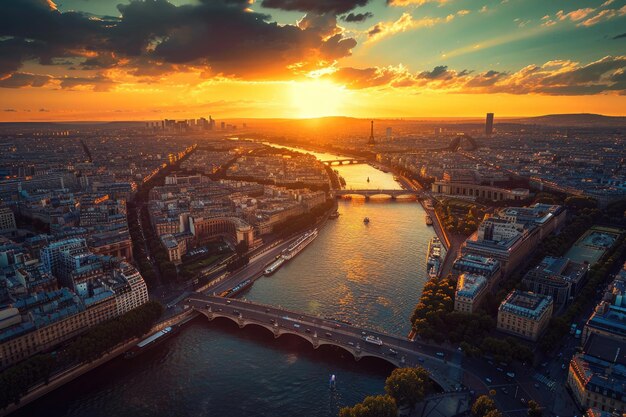 Vista aérea de París con el río Sena y la Torre Eiffel Vacaciones románticas