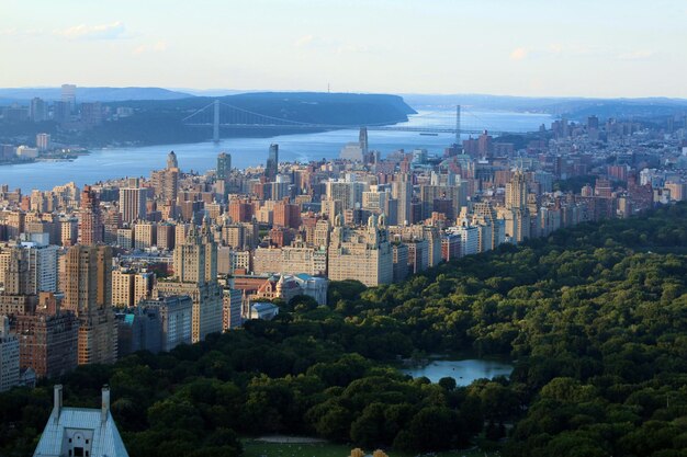 Foto vista aérea del parque central y el paisaje urbano por el río