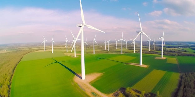 Vista aérea de un parque eólico con turbinas blancas girando en un campo verde IA generativa