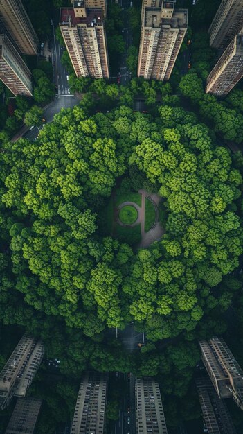 Foto una vista aérea de un parque rodeado de edificios altos