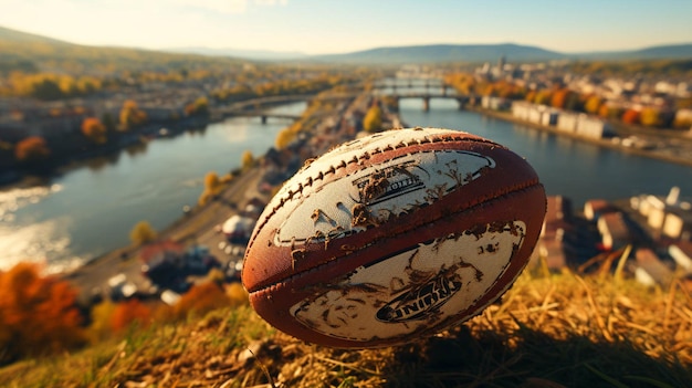 Vista aérea de la pelota de rugby en el estadio de rugby