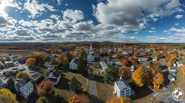 Foto una vista aérea de una pequeña ciudad de nueva inglaterra en otoño las hojas de los árboles de la ciudad se están volviendo marrones y naranjas