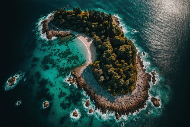 Una vista aérea de una pequeña isla en medio del océano del mediodía.