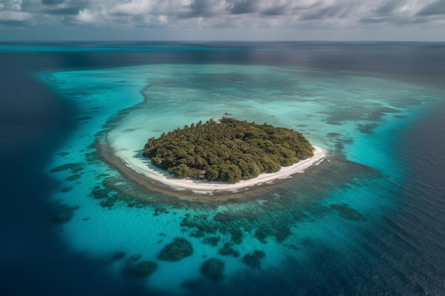 Una vista aérea de una pequeña isla con una playa de arena blanca en el medio.