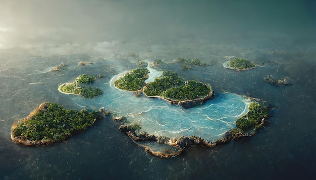 Vista aérea de pequeñas islas exóticas de atolones en el mar abierto Hermoso paisaje natural