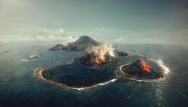 Vista aérea del pequeño archipiélago de islas de atolón de erupción en el océano Ilustración 3D