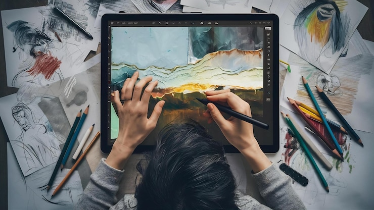 Foto vista aérea de una persona que utiliza una tableta digital