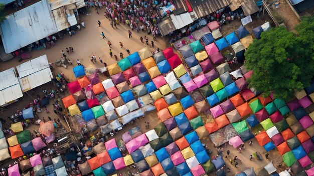 Vista aérea de personas caminando y haciendo compras en el mercado de la ciudad