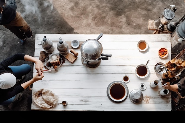 vista aérea de personas haciendo café por goteo generada por ai