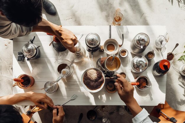 vista aérea de personas haciendo café por goteo generada por ai