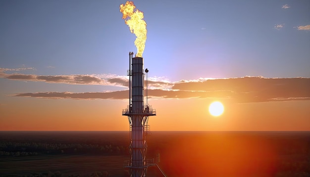 Foto vista aérea de la pila de bengalas de gas de las refinerías de petróleo torre de pozo de bengalas de fondo del atardecer