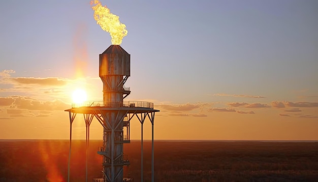 Vista aérea de la pila de bengalas de gas de las refinerías de petróleo torre de pozo de bengalas de fondo del atardecer