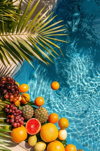 Una vista aérea de una piscina llena de frutas tropicales de verano