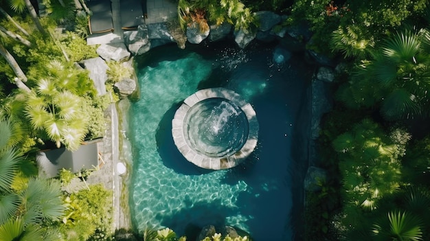 Una vista aérea de una piscina rodeada de árboles ai