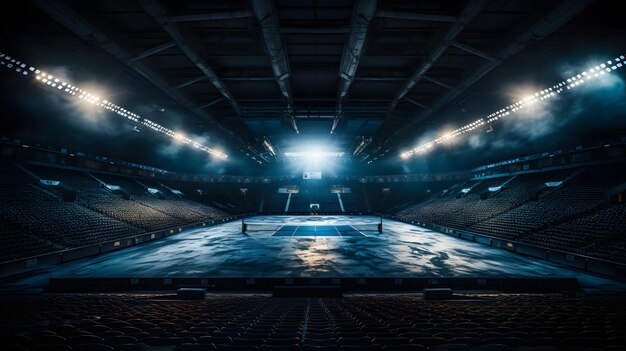 Vista aérea de una pista de hockey con luces y humo. IA generativa.