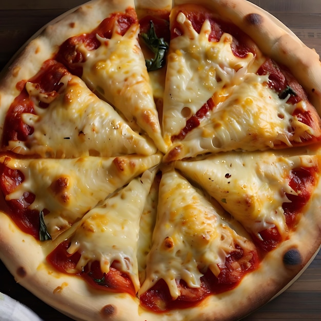 Una vista aérea de una pizza de queso entera con corteza dorada y queso burbujeante moldeado por IA