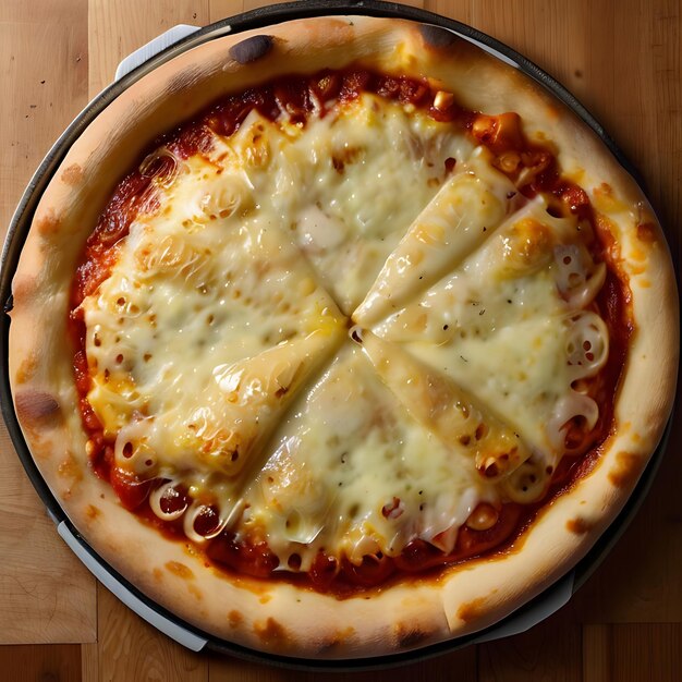 Una vista aérea de una pizza de queso entera con corteza dorada y queso burbujeante moldeado por IA