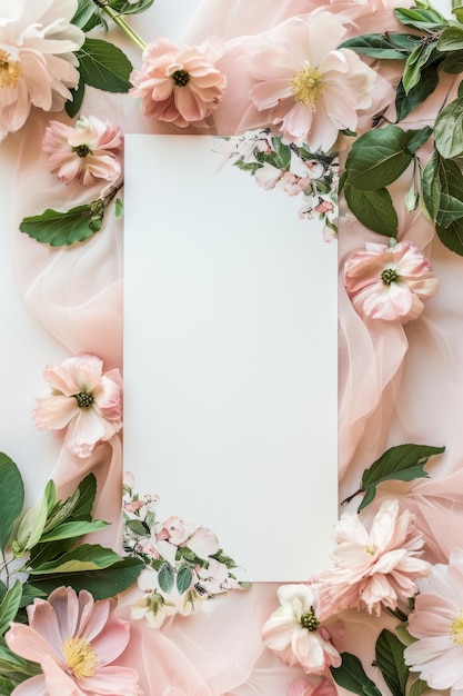 Vista aérea plana de una tarjeta de invitación blanca en blanco con flores