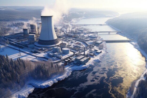 Una vista aérea de una planta de energía nuclear cerca de un río