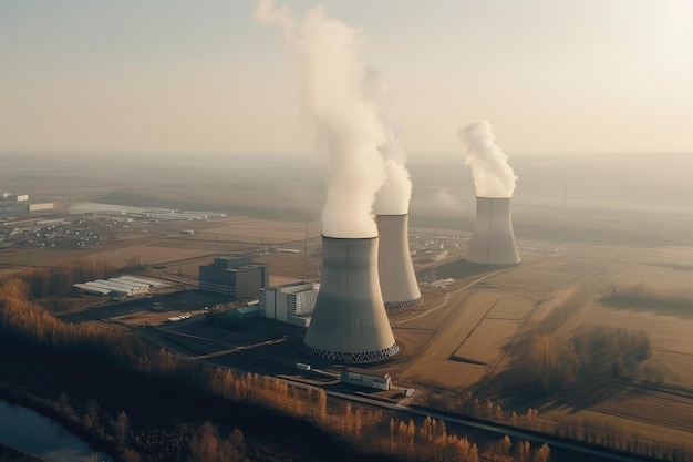 Vista aérea de la planta de energía nuclear con chimeneas humeantes al amanecer Vista aérea de la planta de energía nuclear con humo Generado por IA