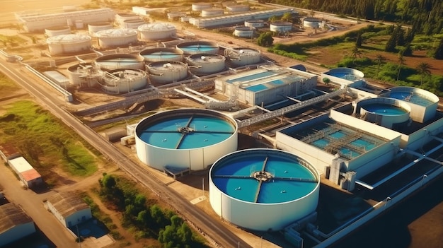 Vista aérea de la planta de tratamiento de aguas residuales Estación de bombeo y suministro de agua potable Tratamiento de aguas industriales y urbanas para una gran ciudad Tanques de sedimentación redondos Generativo Ai