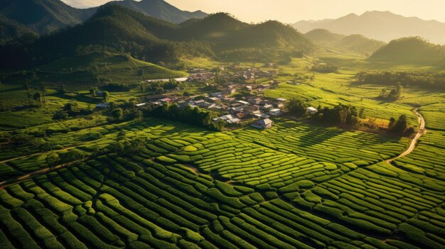 Vista aérea de la plantación de té es la niebla de la mañana Vietnam Generativo Ai