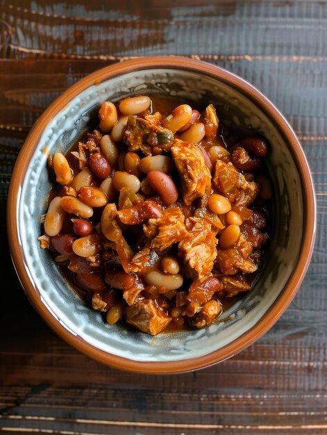 Vista aérea de un plato casero de pollo y frijoles en un cuenco de cerámica que captura la calidez de una comida casera con ricos sabores