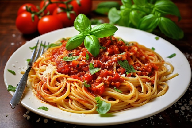 Una vista aérea de un plato de pasta italiano de espagueti cubierto de queso con salsa de tomate y albahaca