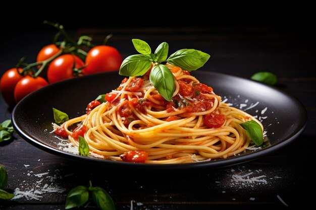 Una vista aérea de un plato de pasta italiano de espagueti cubierto de queso con salsa de tomate y albahaca