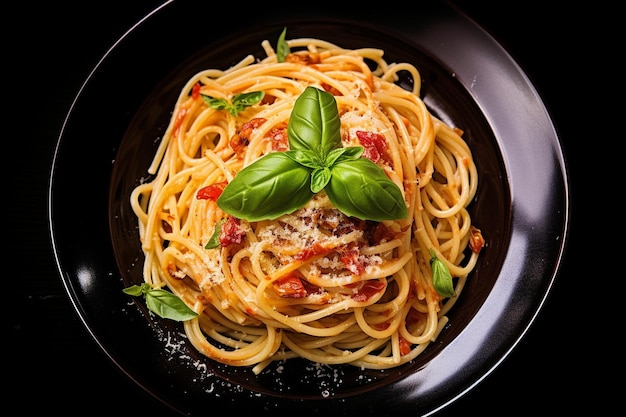 Una vista aérea de un plato de pasta italiano de espagueti cubierto de queso con salsa de tomate y albahaca