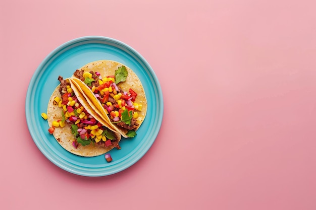 Vista aérea de un plato de tacos mexicanos frescos en un fondo de colores brillantes